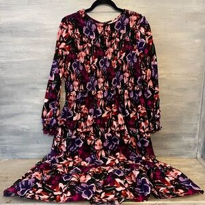 terra & sky Large Purple Floral Print Long Sleeve Midi Dress 1X Like New